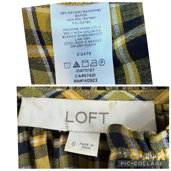 Loft Yellow Black Plaid Button Up Shirt Small Ruffle Neck Fall Tunic Preppy - Picture 11 of 14